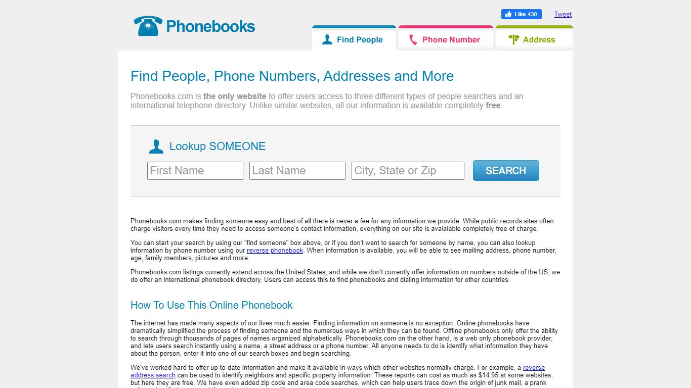 Phonebooks Helps Find People, Phone Numbers, and Addresses